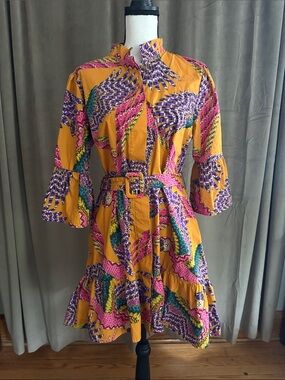 Farm Rio Orange Tropical Macaw Belted Bell Sleeve Mini Dress